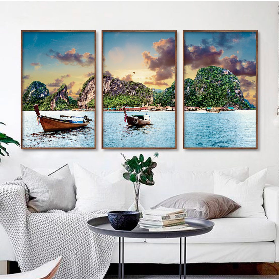 Composição com 3 Quadros Paisagem Idílica de Praia da Tailândia