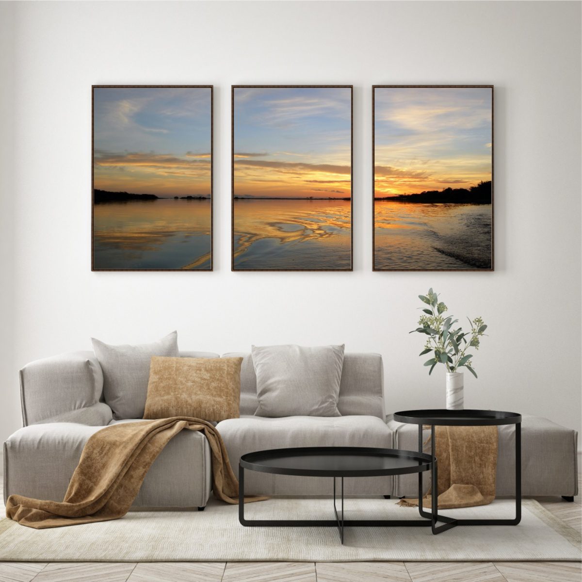 Composição com 3 Quadros Pôr do Sol no Rio Negro