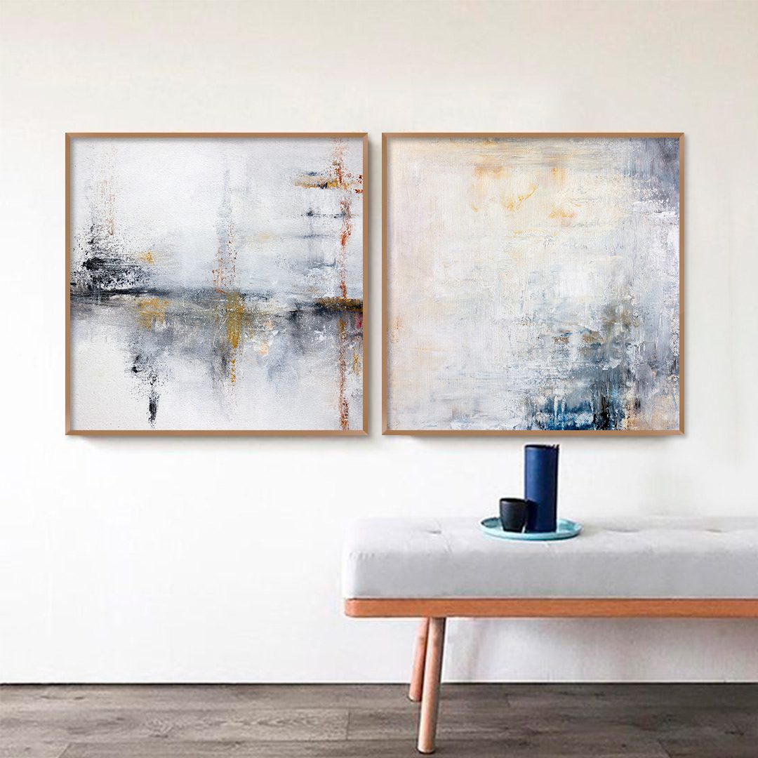 Conjunto com 2 Quadros Abstrato em Tons de Amarelo, Vermelho e Azul