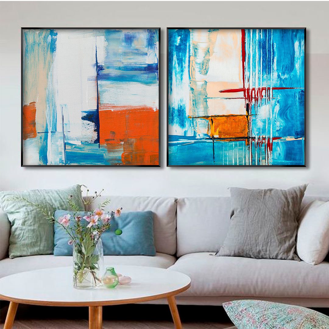 Conjunto com 2 Quadros Abstrato em Tons de Azul e Laranja