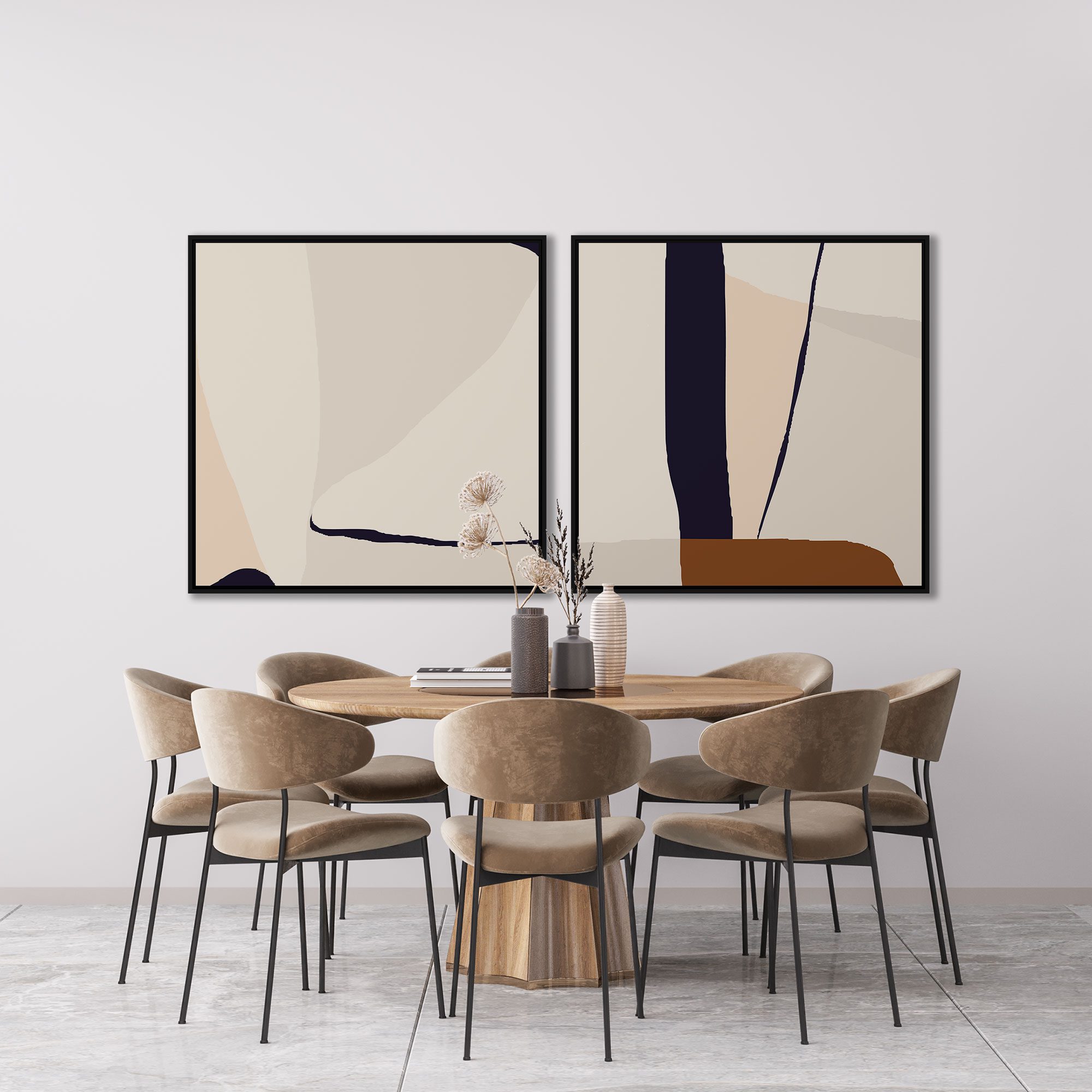 Conjunto com 2 Quadros Abstrato em Tons de Marrom e Bege