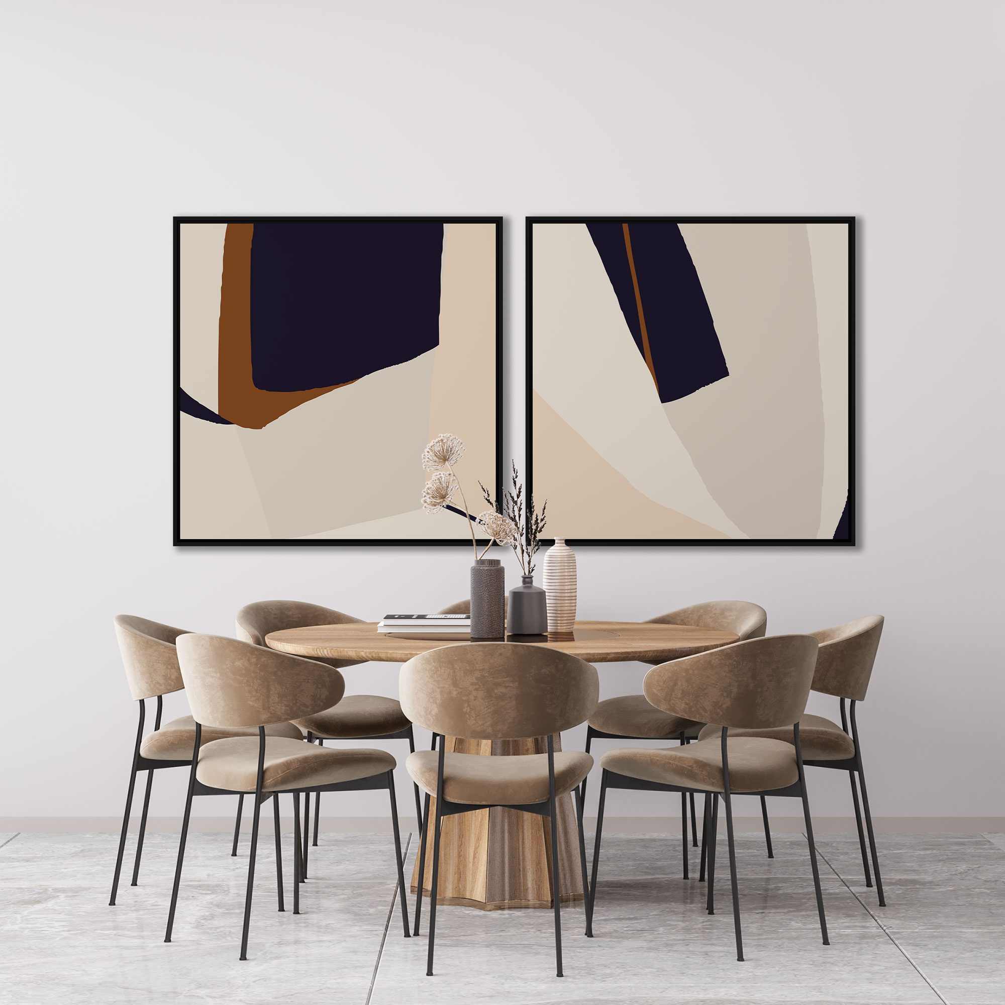 Conjunto com 2 Quadros Abstrato em Tons de Marrom e Bege