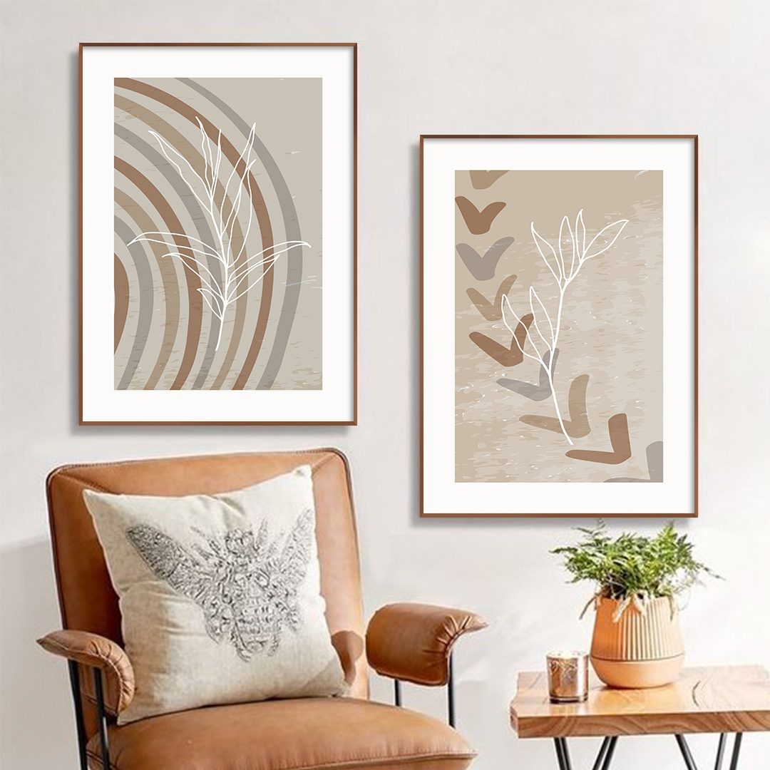Conjunto com 2 Quadros Abstratos Botânicos em Tons Neutros