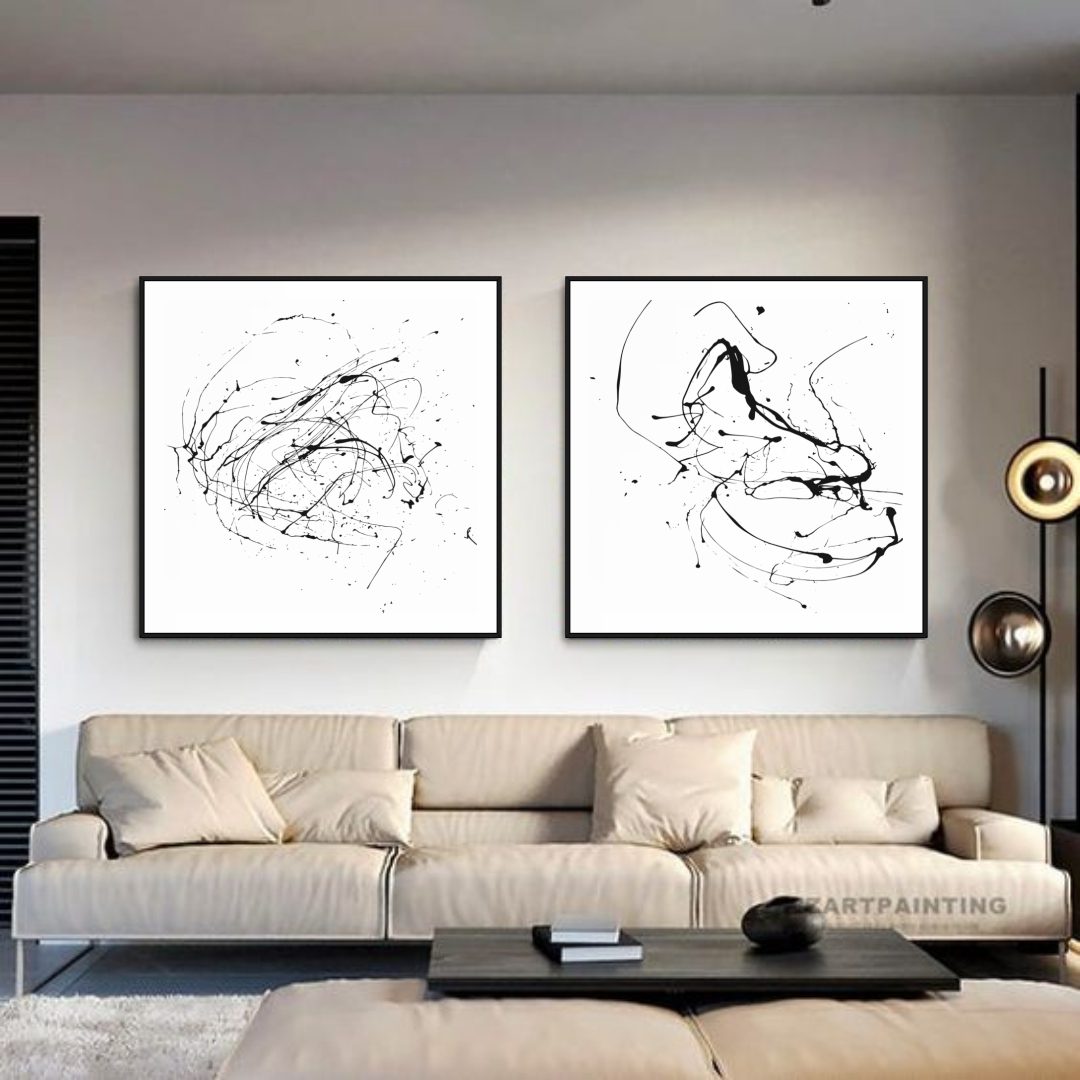 Conjunto com 2 Quadros Abstratos com Respingos de Tinta Preto e Branco
