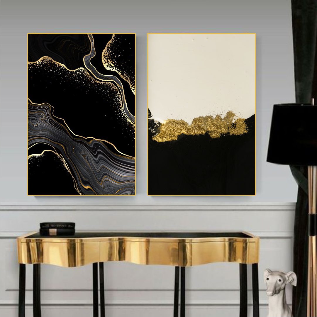 Conjunto com 2 Quadros Abstratos Marmorizados Preto e Dourado