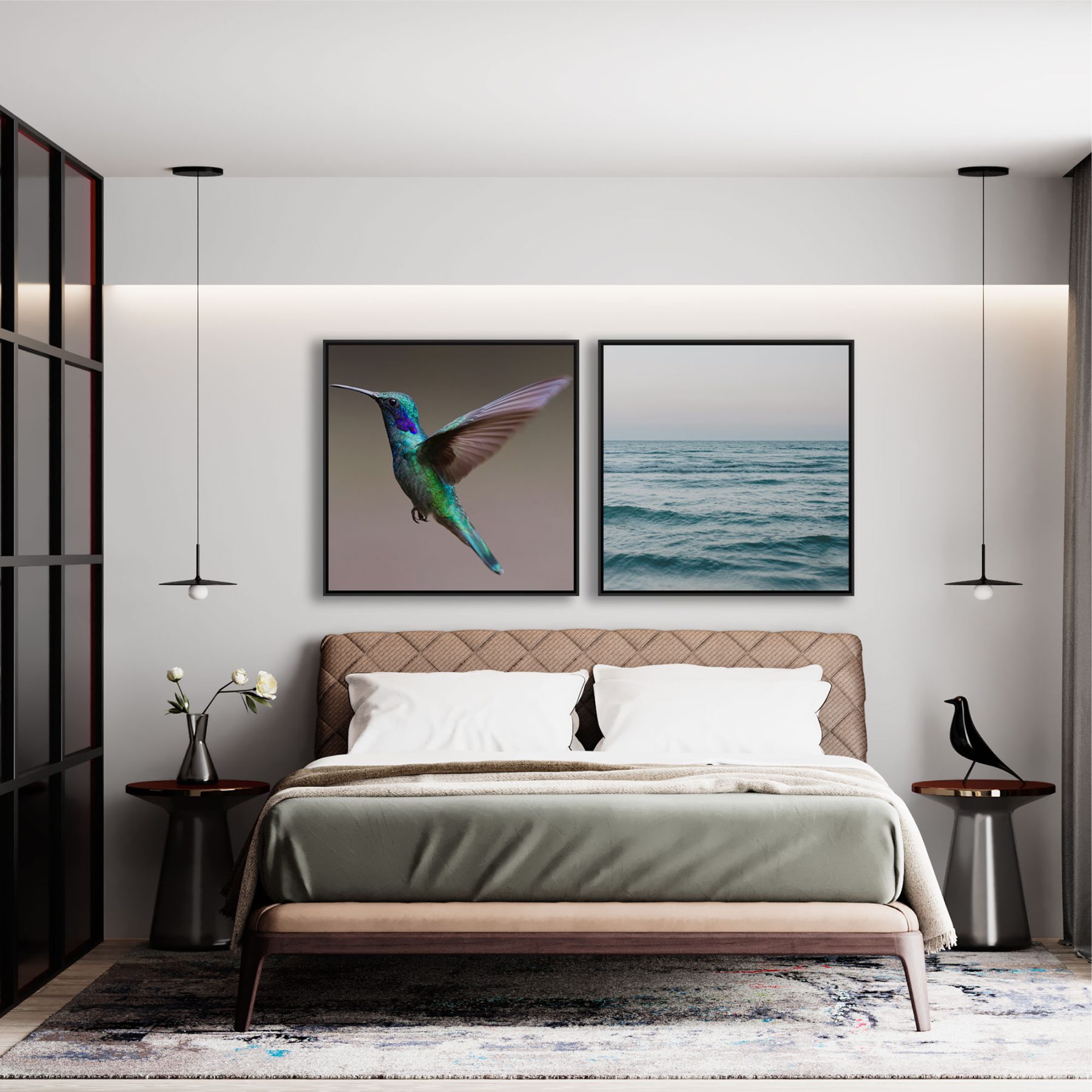 Conjunto com 2 Quadros Beija Flor e Mar