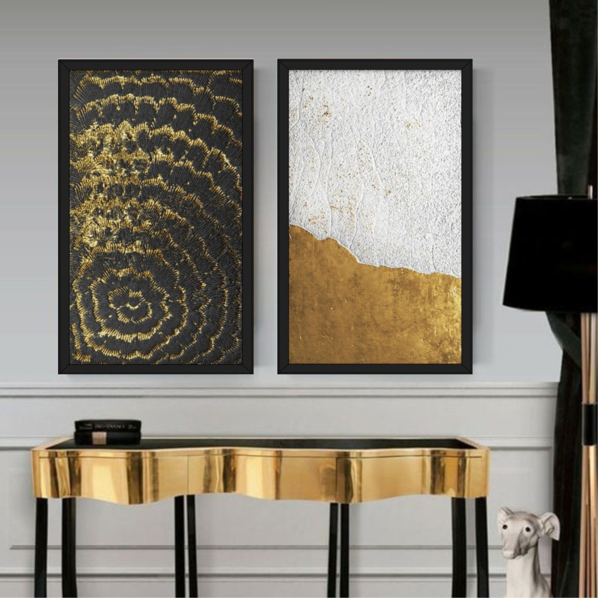 Conjunto com 2 Quadros com Arte Abstrata em Preto e Dourado