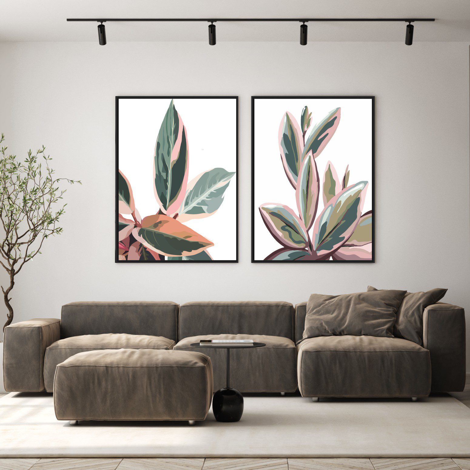 Conjunto com 2 Quadros com Desenhos de Folhagens em Tons de Verde e Rosa