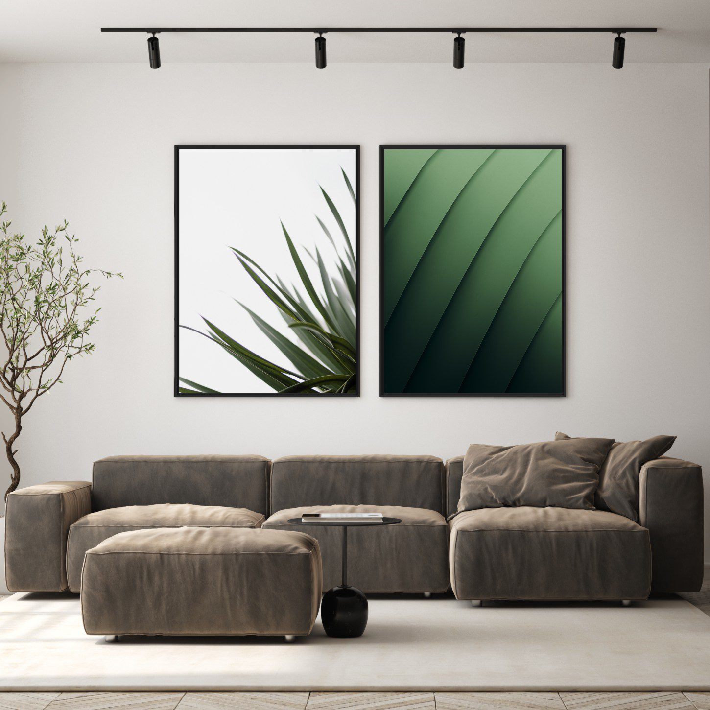 Conjunto com 2 Quadros com Folhagem e Abstrato em Tons de Verde