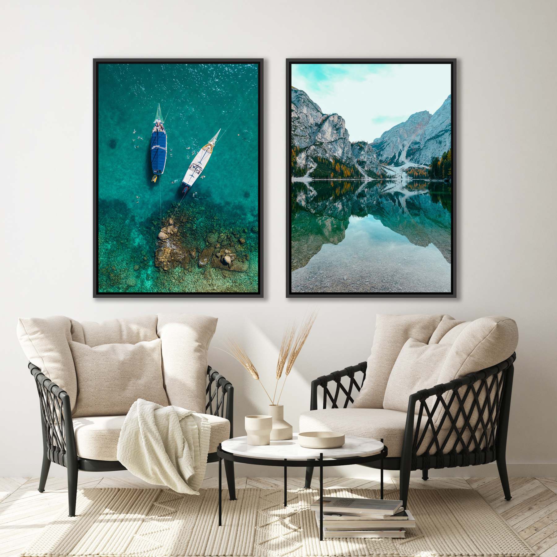 Conjunto com 2 Quadros com Fotografia de Lago e Mar