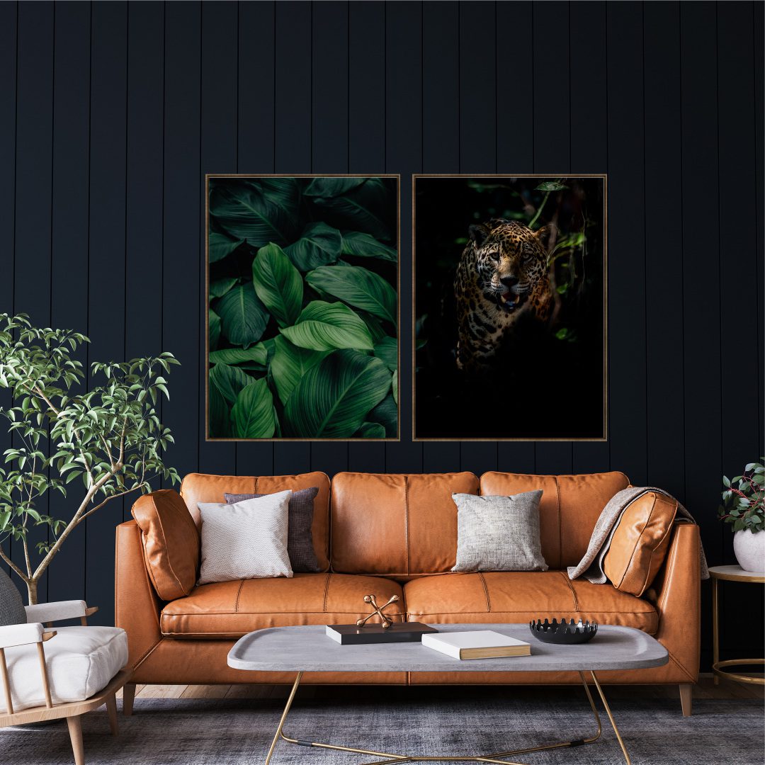 Conjunto com 2 Quadros com Fotografia de Leopardo e Folhagens