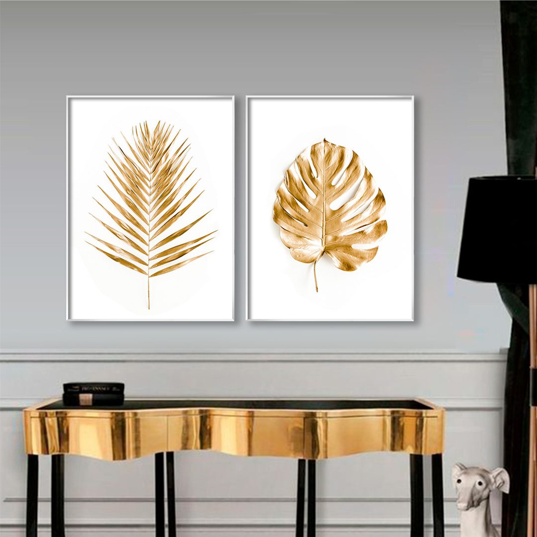 Conjunto com 2 Quadros com Imagem de Folhas Douradas