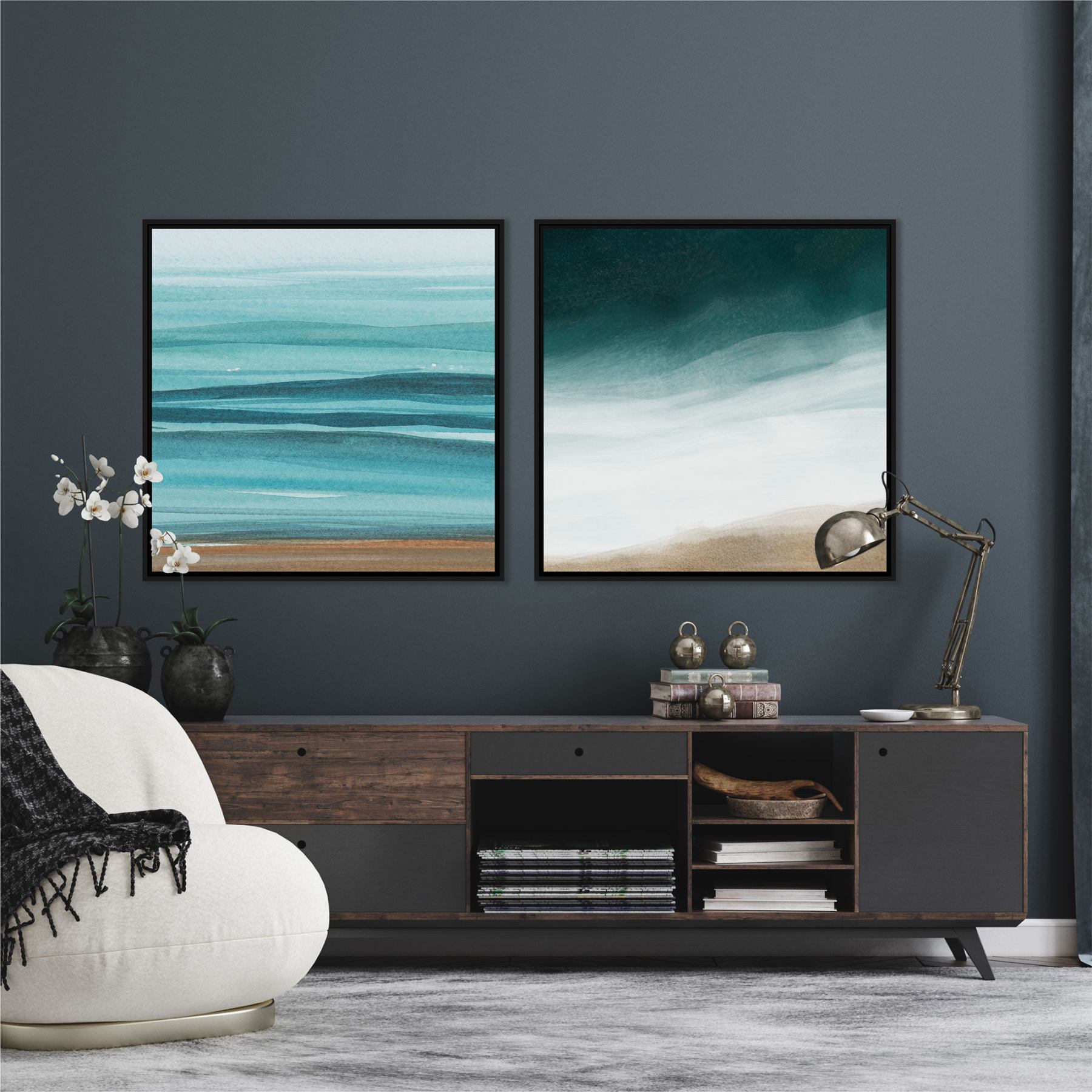 Conjunto com 2 Quadros com Mar em Aquarela e Nuances de Cores