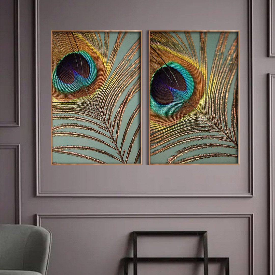 Conjunto com 2 Quadros com Pena de Pavão