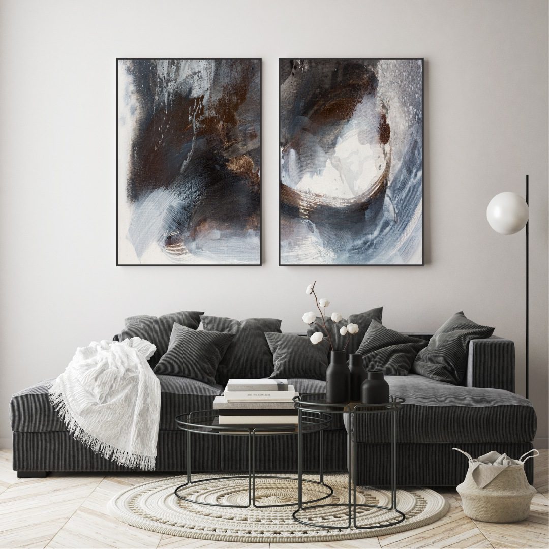 Conjunto com 2 Quadros com Pintura Abstrata em Tons Neutros
