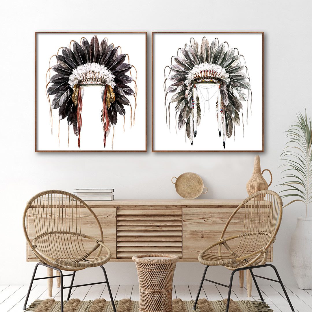 Conjunto com 2 Quadros com Pintura de Cocar Indígena