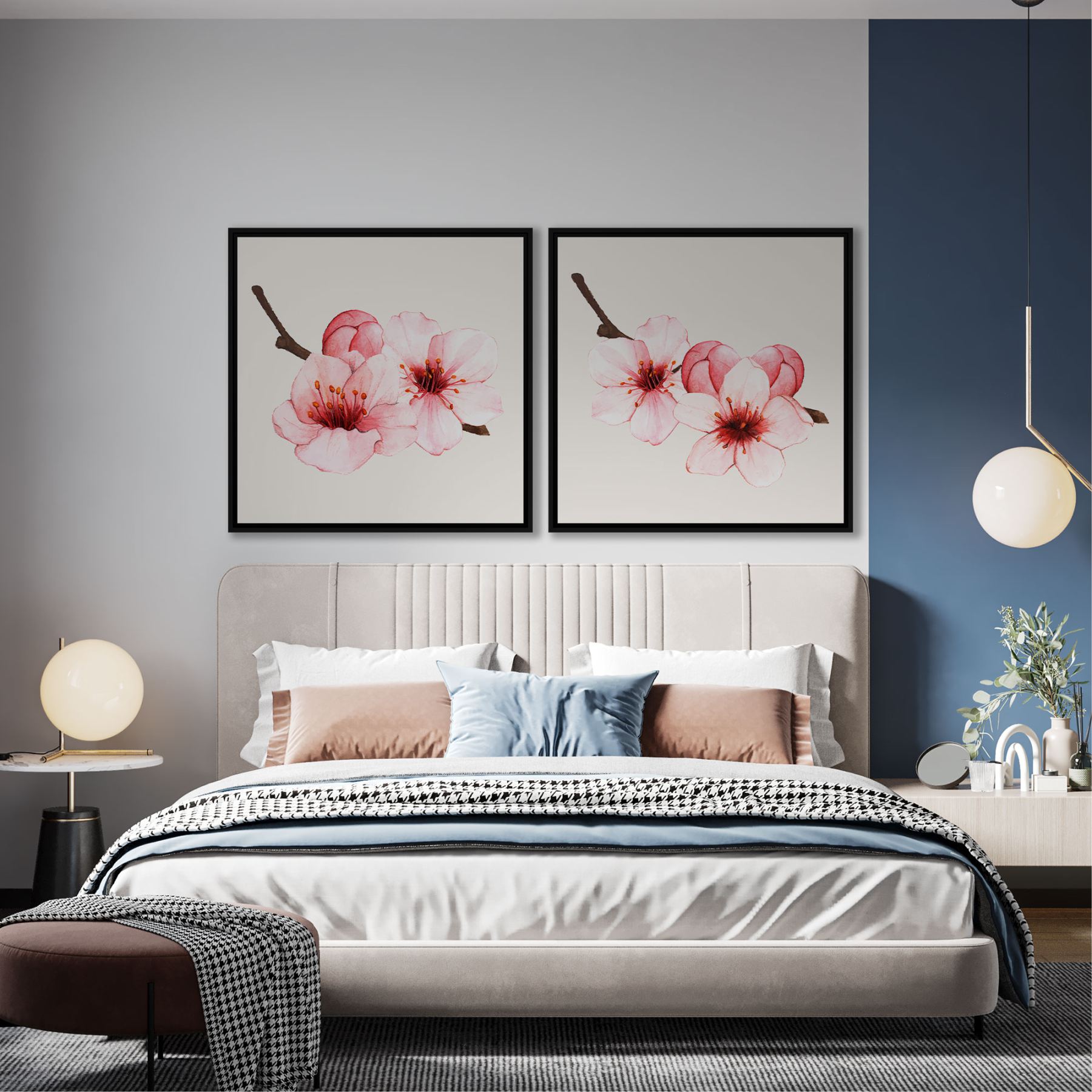 Conjunto com 2 Quadros com Pintura de Flor de Cerejeira em Aquarela