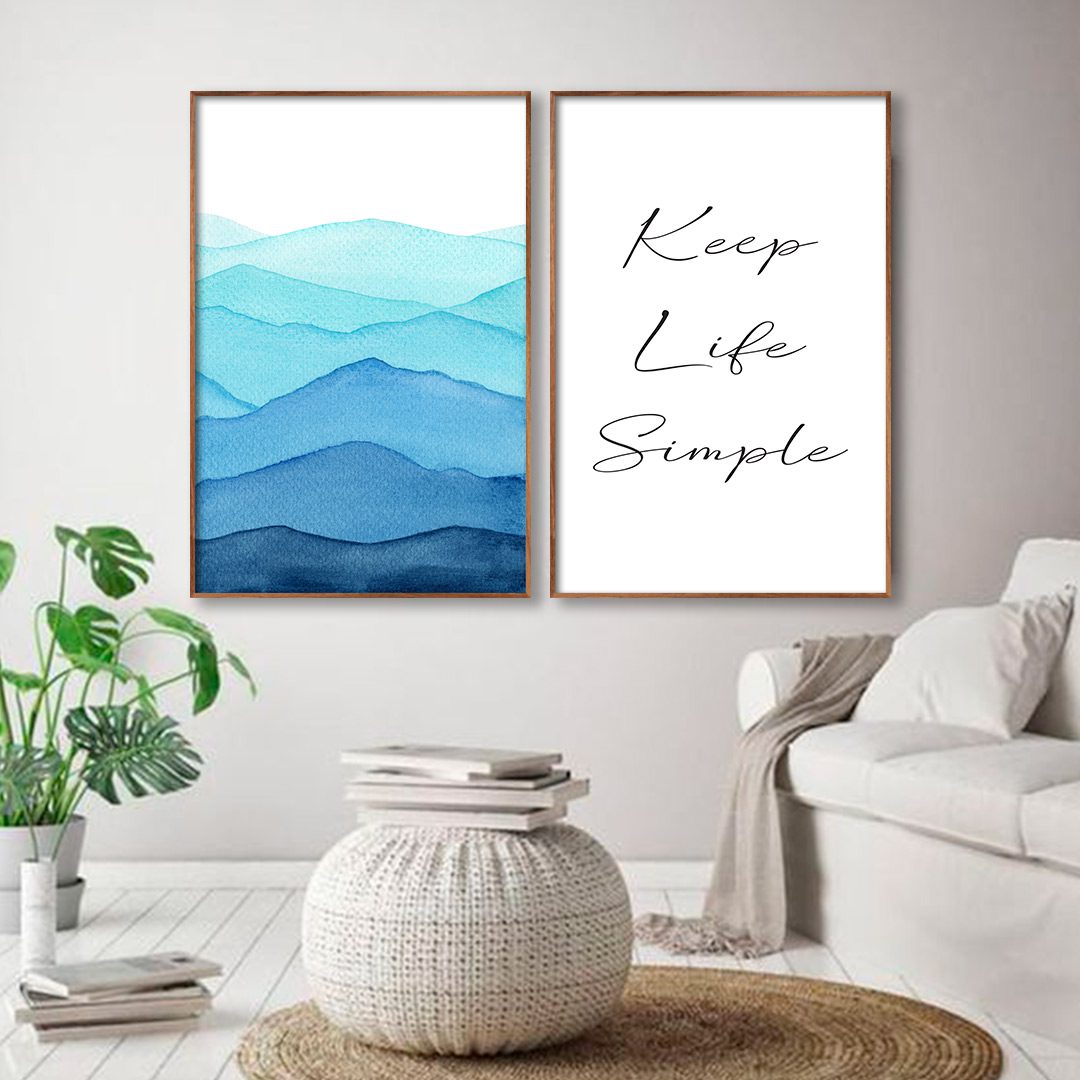 Conjunto com 2 Quadros com Pintura de Montanhas e Frase