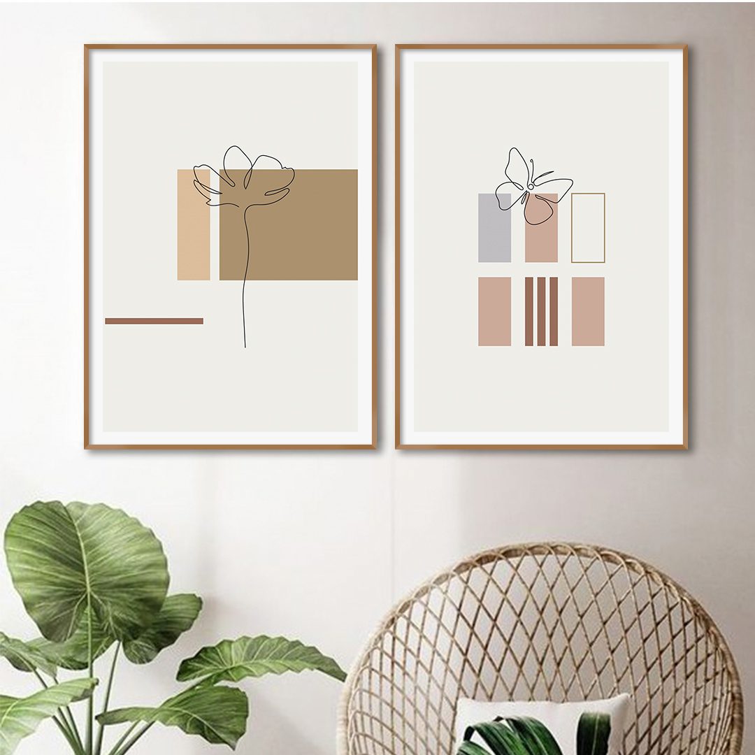 Conjunto com 2 Quadros de Desenhos em Linhas Finas e Formas Geométricas