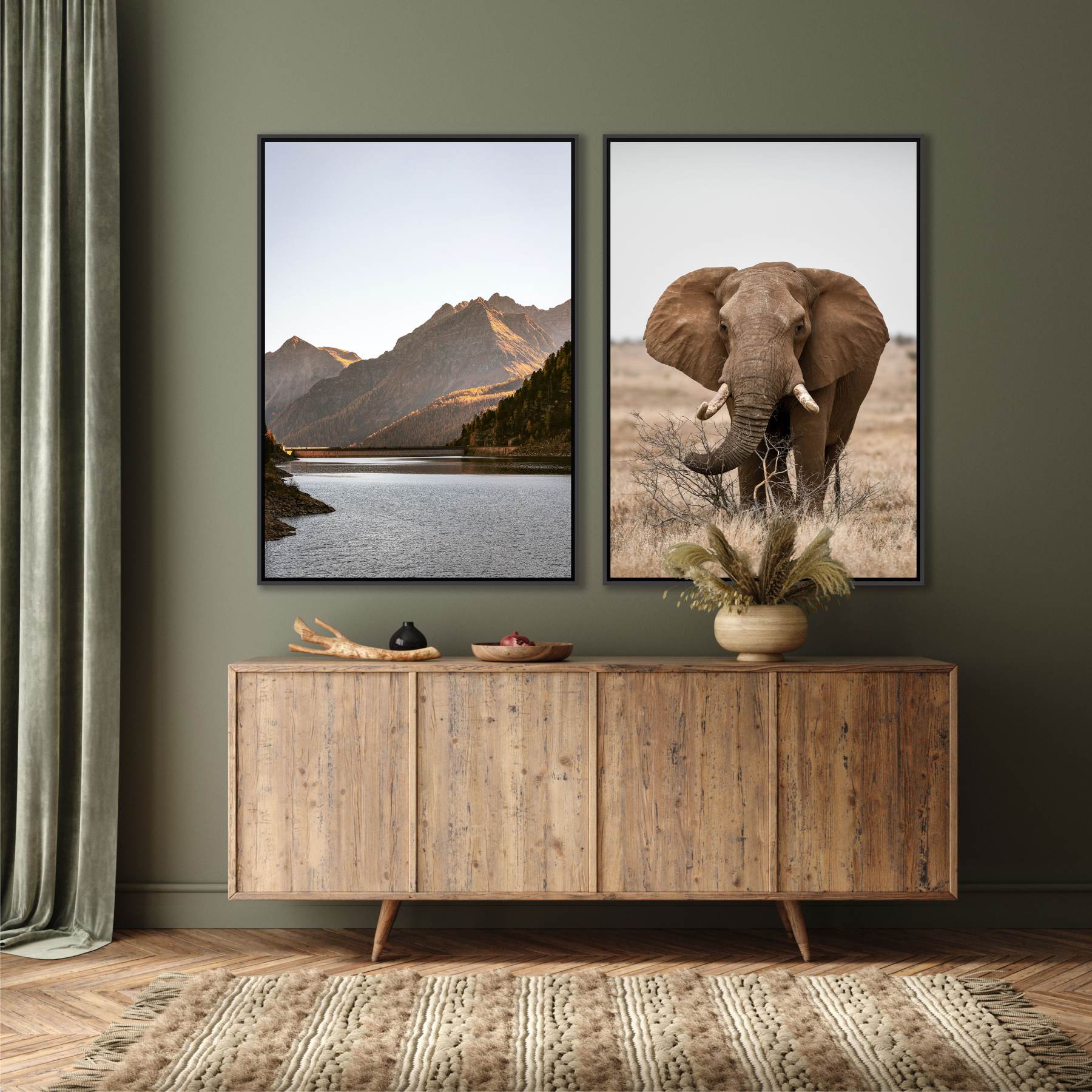 Conjunto com 2 Quadros de Lago e Elefante