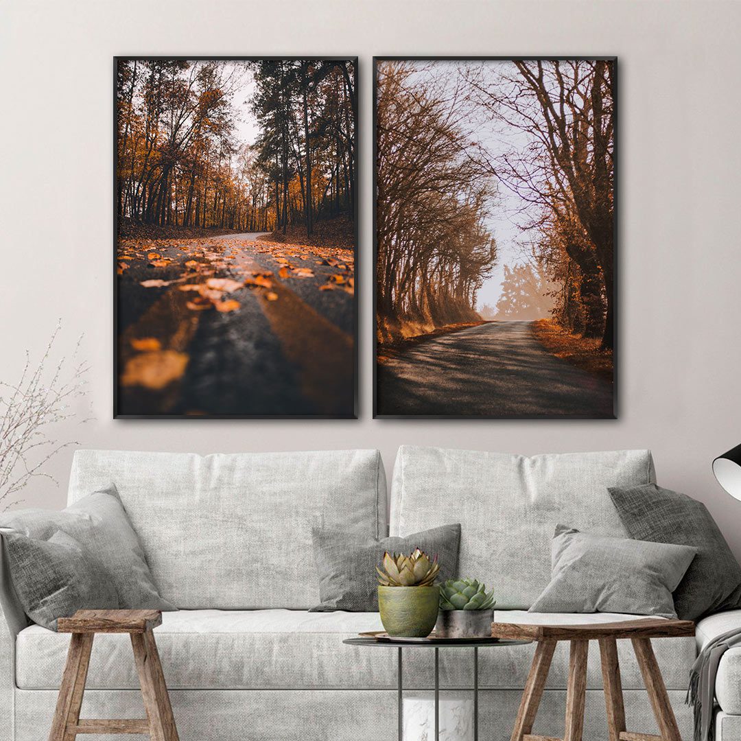 Conjunto com 2 Quadros de Paisagem com Árvores e Folhas Secas