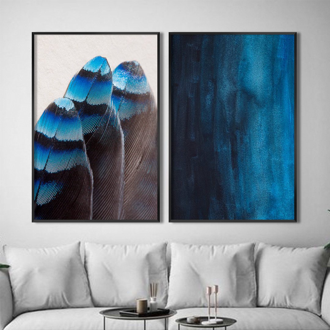 Conjunto com 2 Quadros de Penas em Azul e Preto