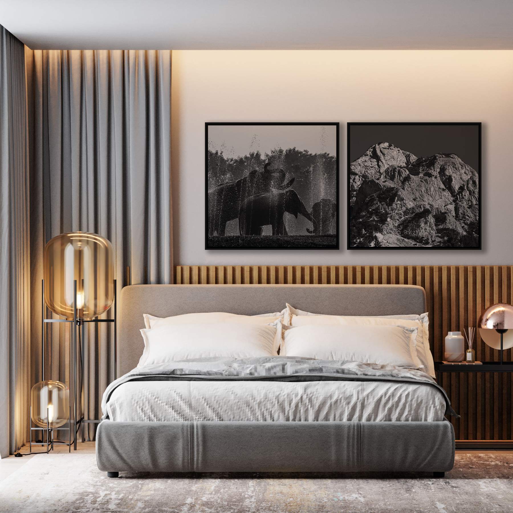 Conjunto com 2 Quadros Elefante na Água e Montanha