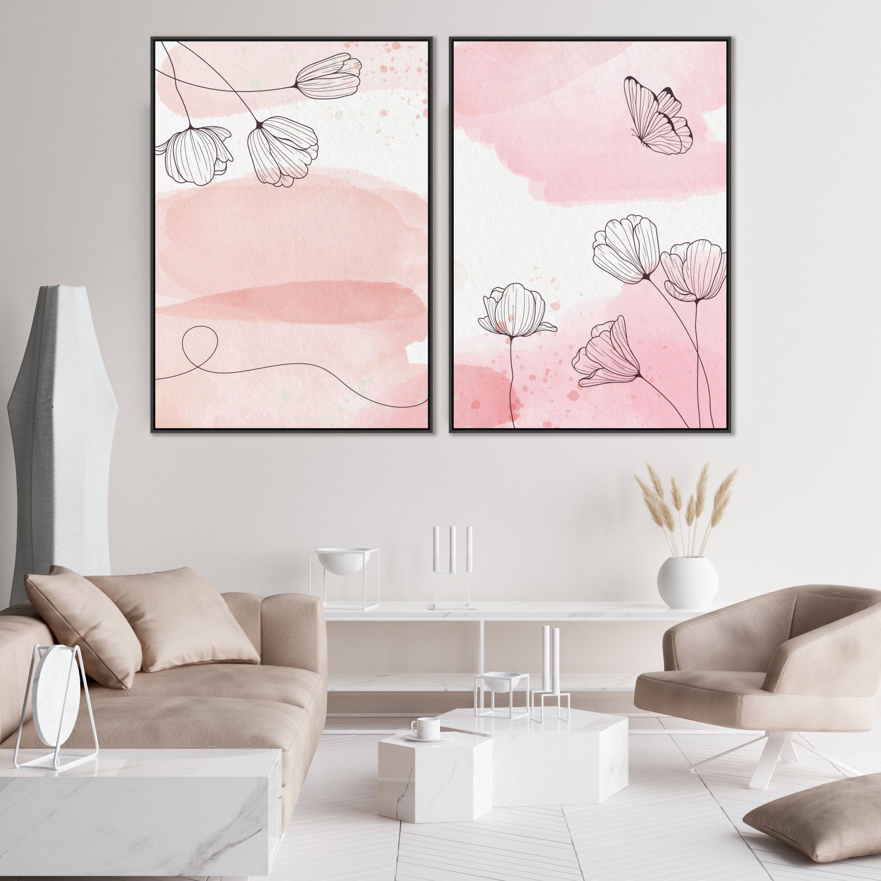 Conjunto com 2 Quadros Floral com Pintura em Aquarela