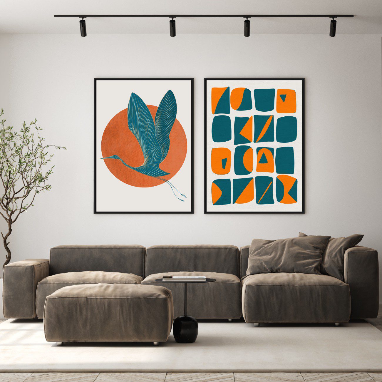 Conjunto com 2 Quadros Geométrico e Garça Voando em Tons de Azul e Laranja