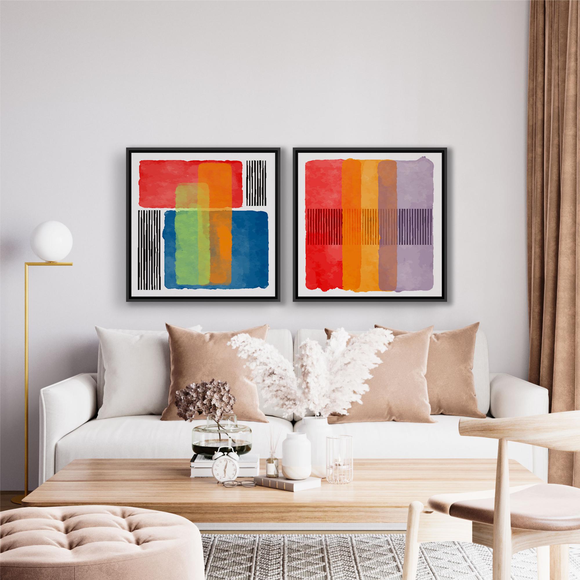 Conjunto com 2 Quadros Geométricos Abstrato Coloridos