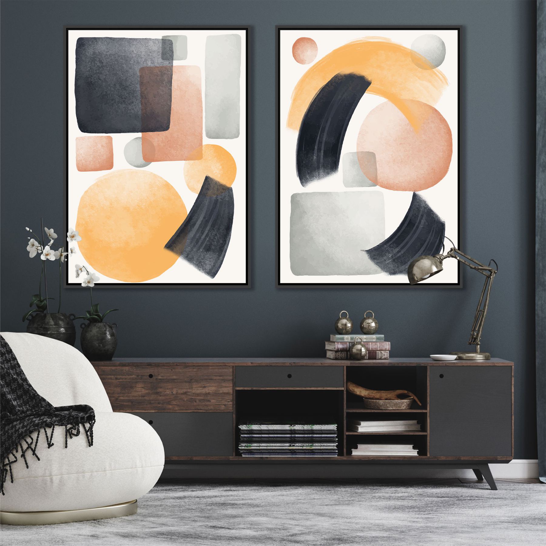 Conjunto com 2 Quadros Geométricos Abstrato em Tons de Preto, Laranja e Cinza