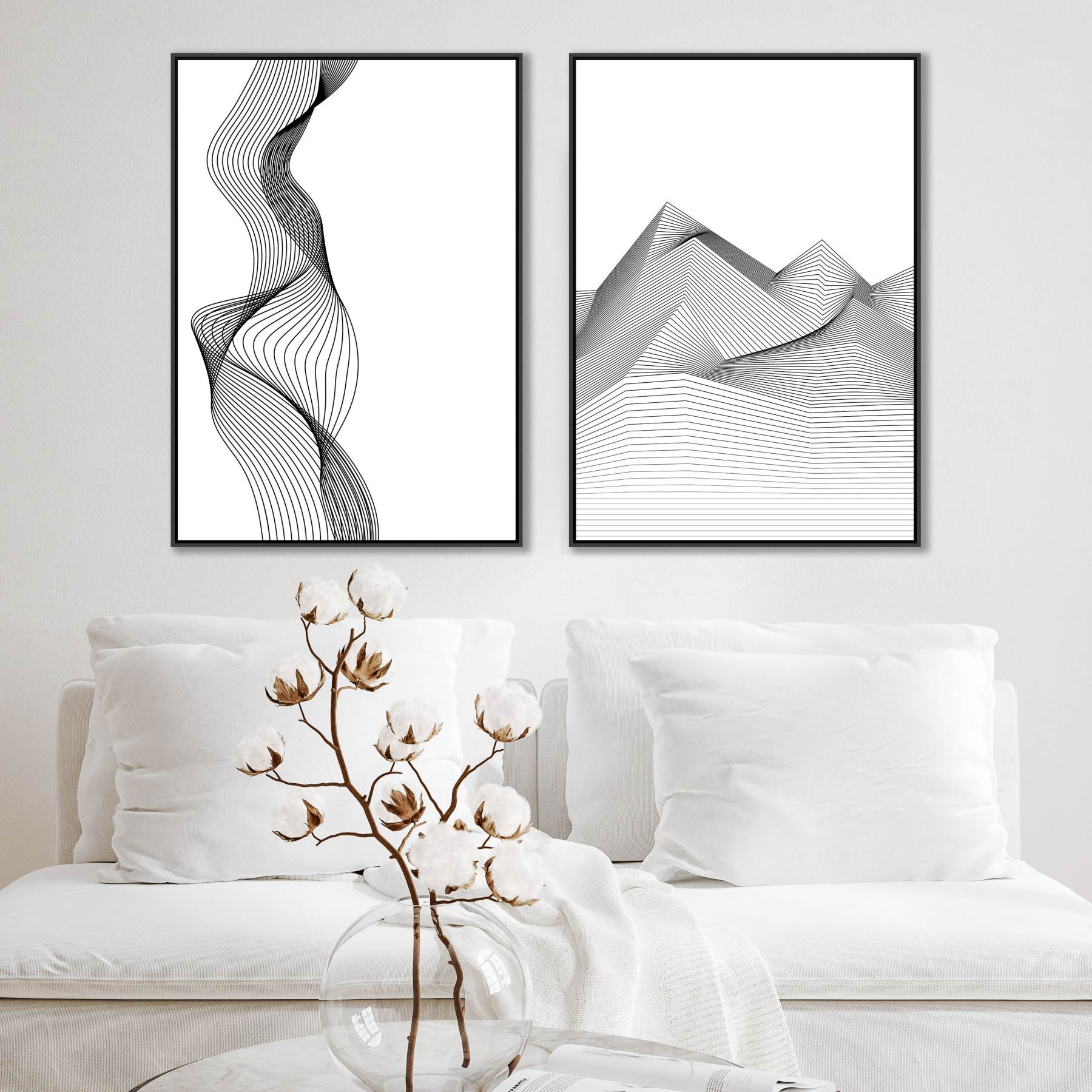 Conjunto com 2 Quadros Geométricos com Linhas pretas