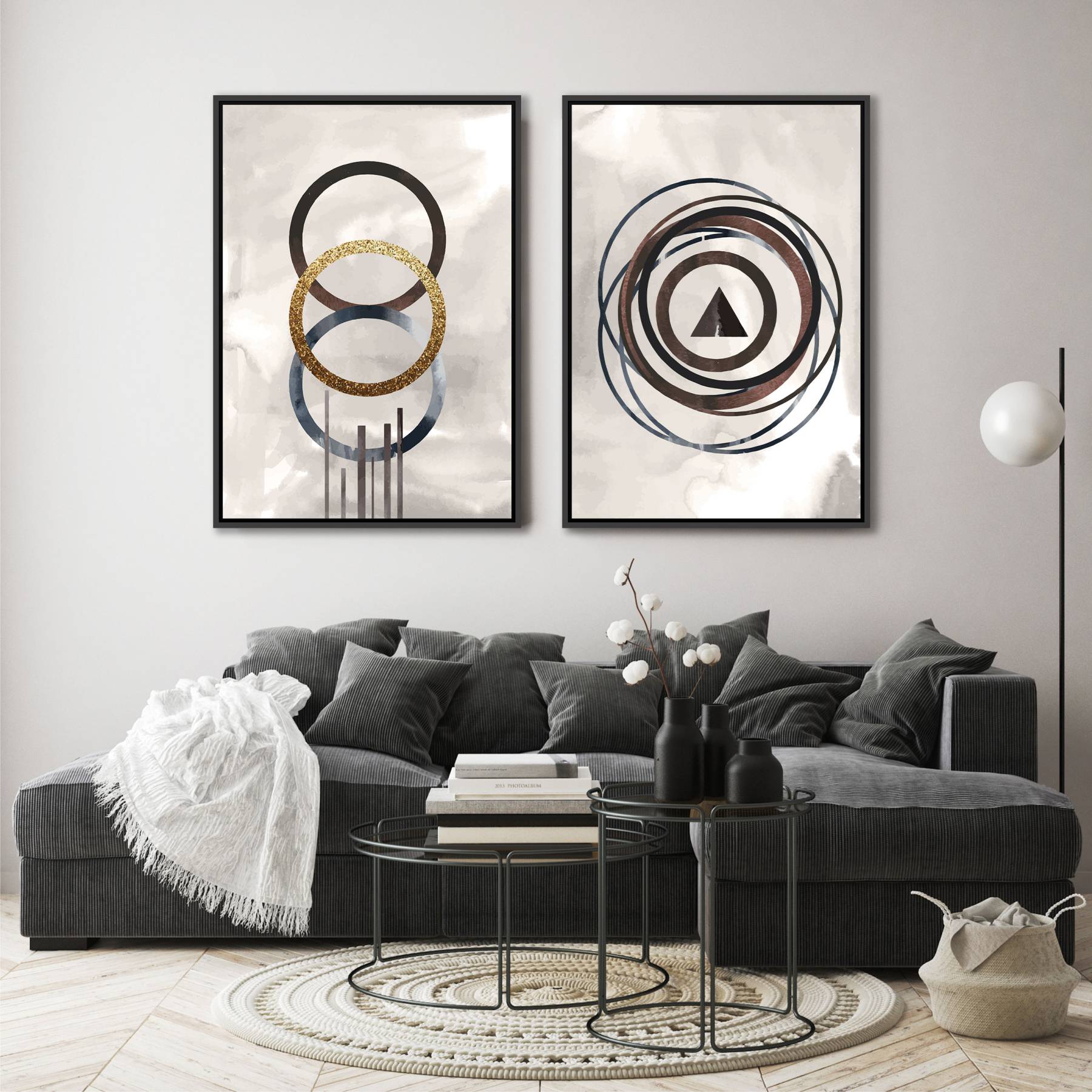 Conjunto com 2 Quadros Geométricos em Tons de Marrom e Dourado