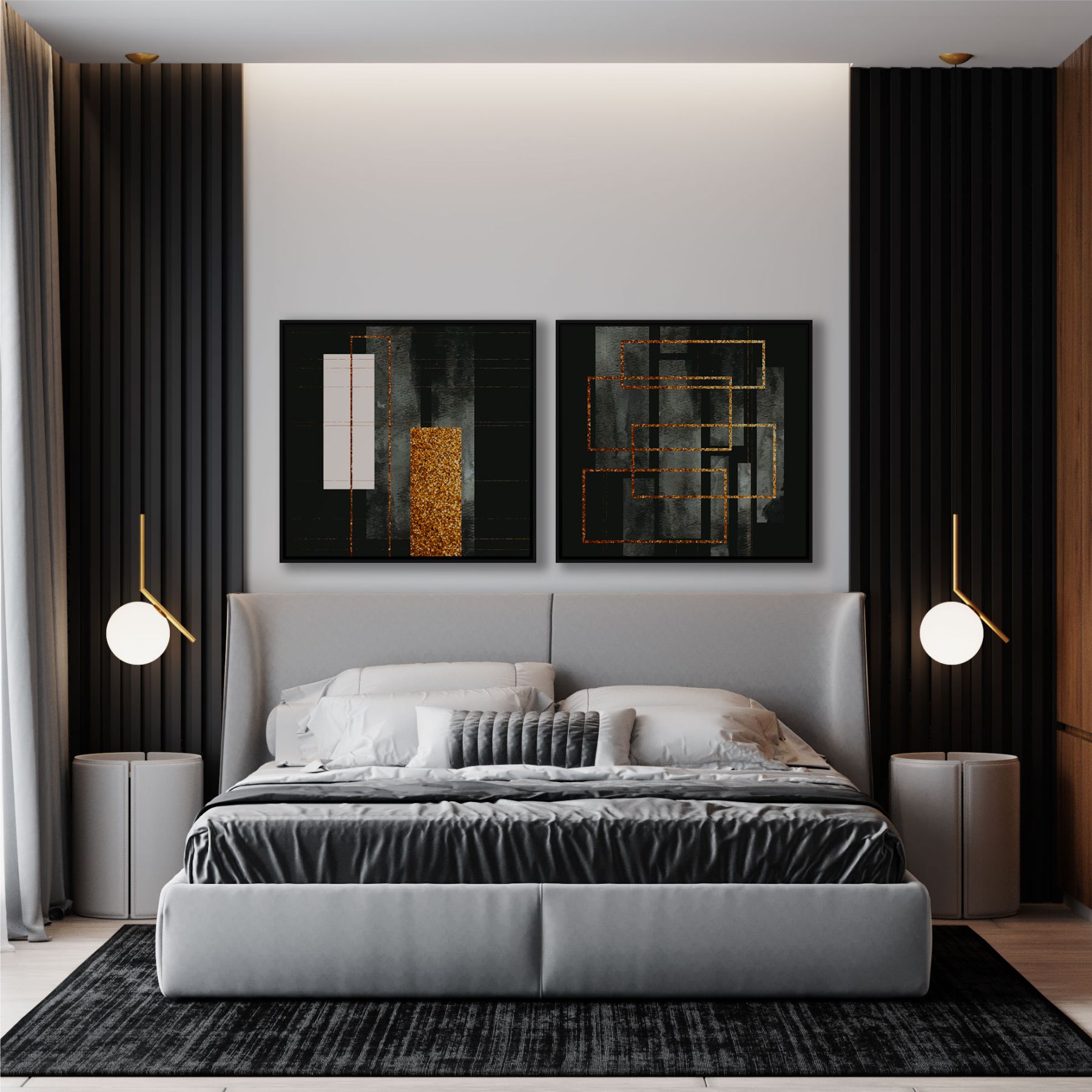 Conjunto com 2 Quadros Geométricos em Tons de Preto e Dourado