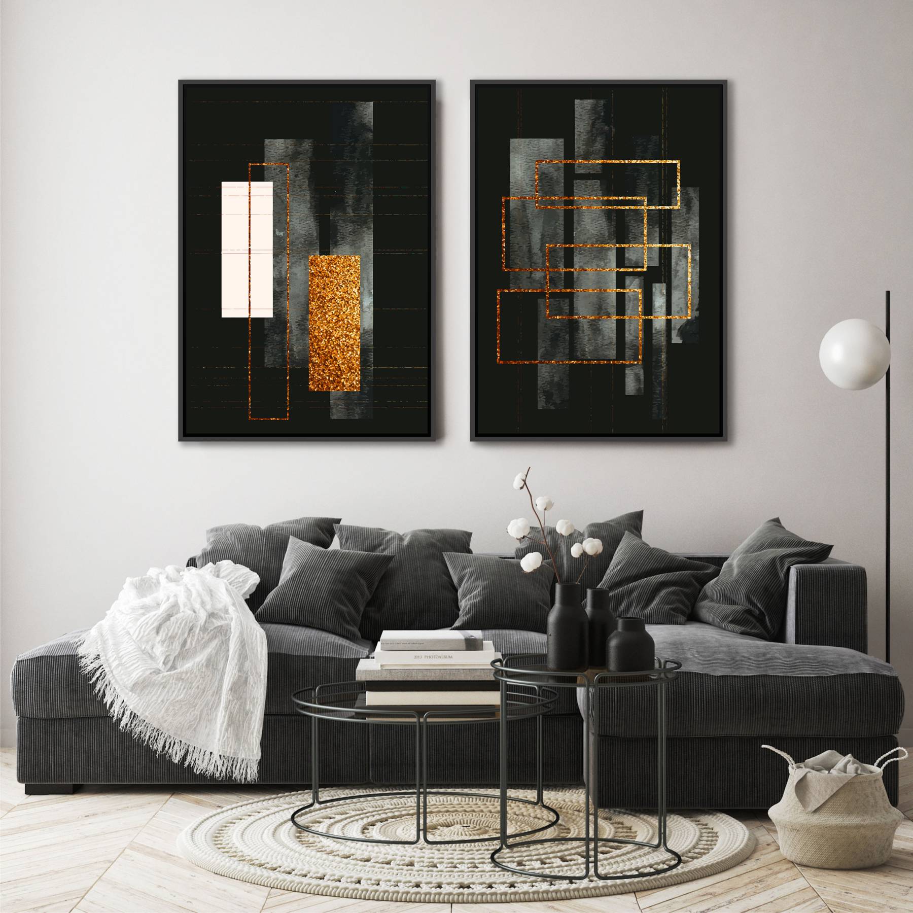 Conjunto com 2 Quadros Geométricos em Tons de Preto e Dourado