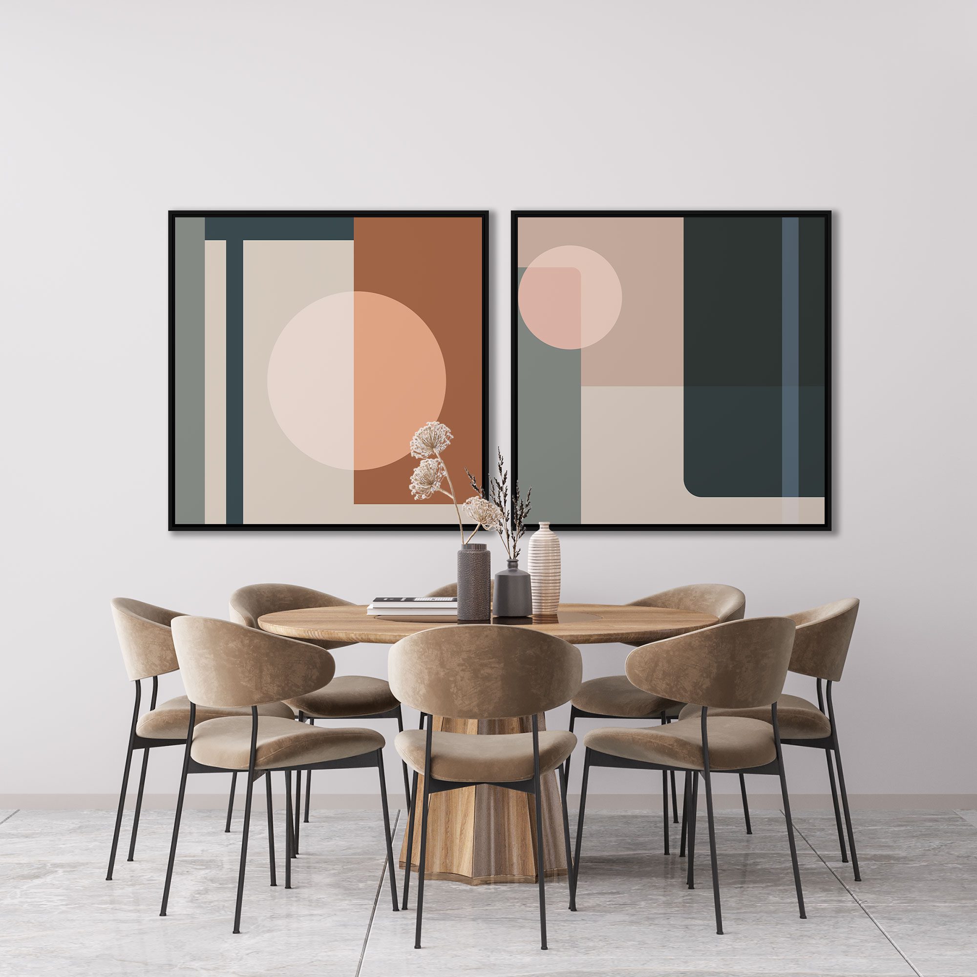 Conjunto com 2 Quadros Geométricos em Tons de Verde