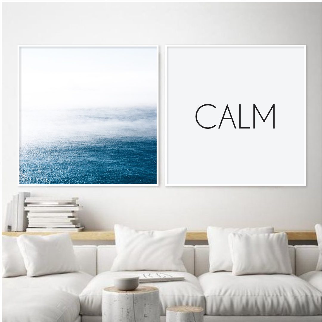 Conjunto com 2 Quadros Minimalistas Mar e Frase