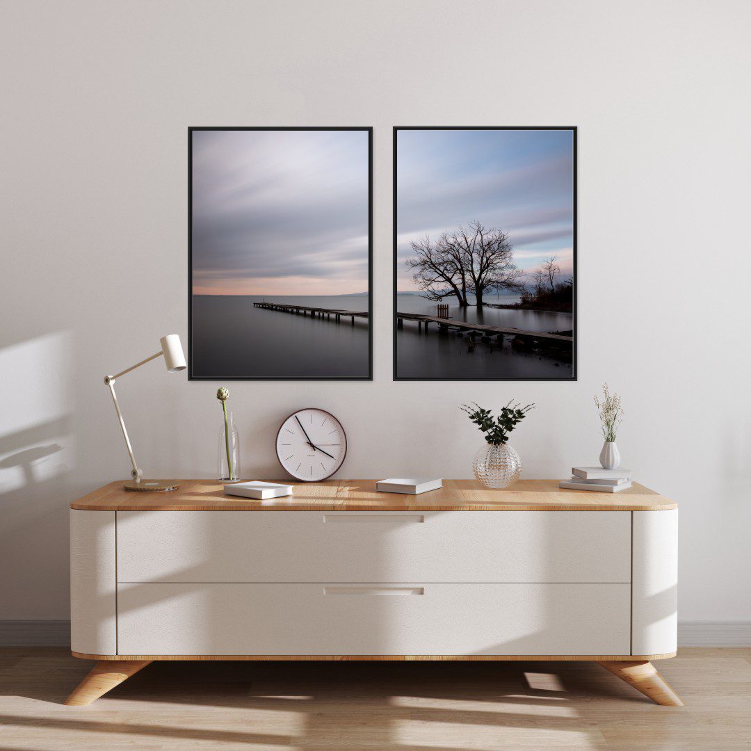 Conjunto com 2 Quadros Paisagem com Deck e Lago