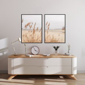 Conjunto com 2 Quadros Paisagem de Praia e Plumas