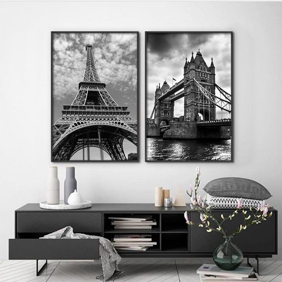Conjunto com 2 Quadros Torre Eiffel e Tower Bridge