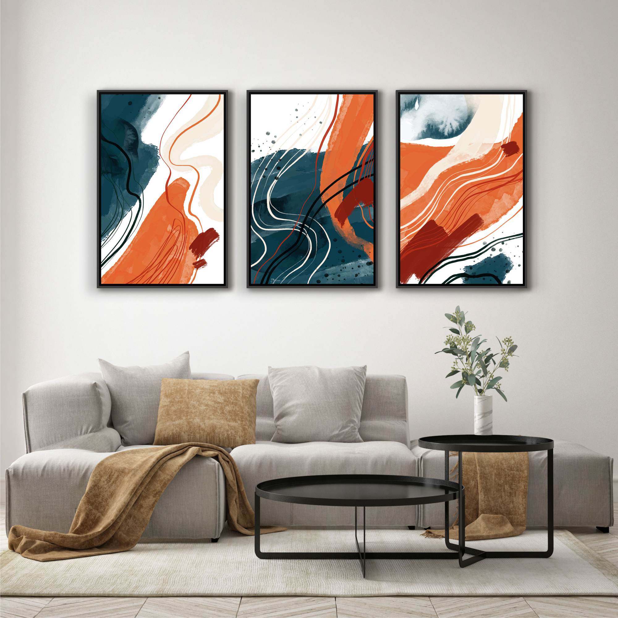 Conjunto com 3 Quadros Abstrato em Tons de Laranja e Azul