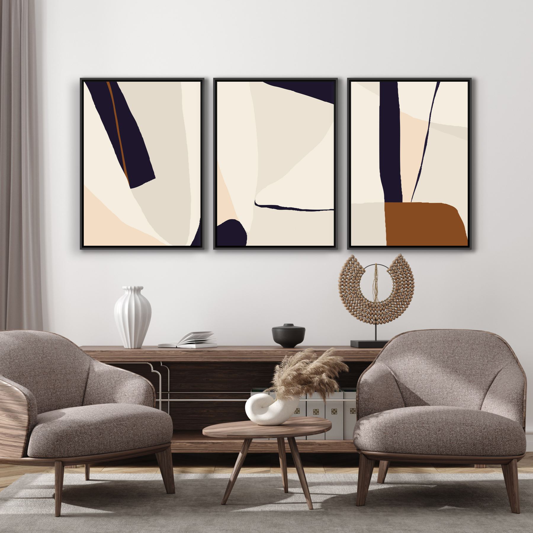 Conjunto com 3 Quadros Abstrato em Tons de Marrom e Bege