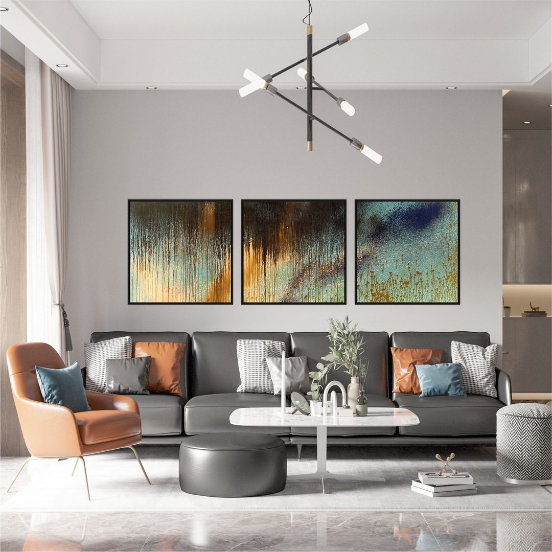 Conjunto com 3 Quadros Abstrato Verde e Dourado com Respingos de Tinta
