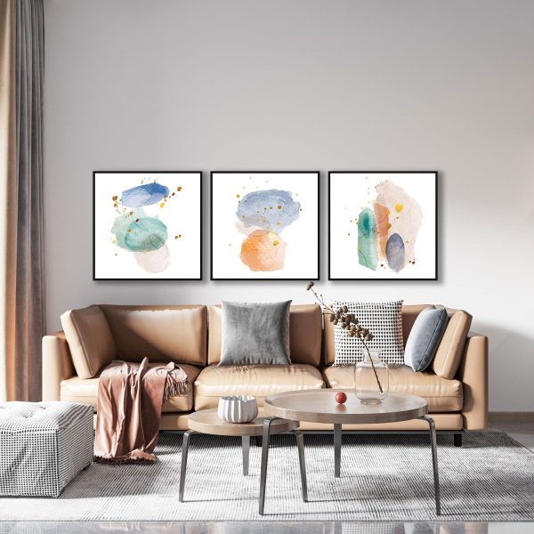 Conjunto com 3 Quadros Abstratos em Aquarela