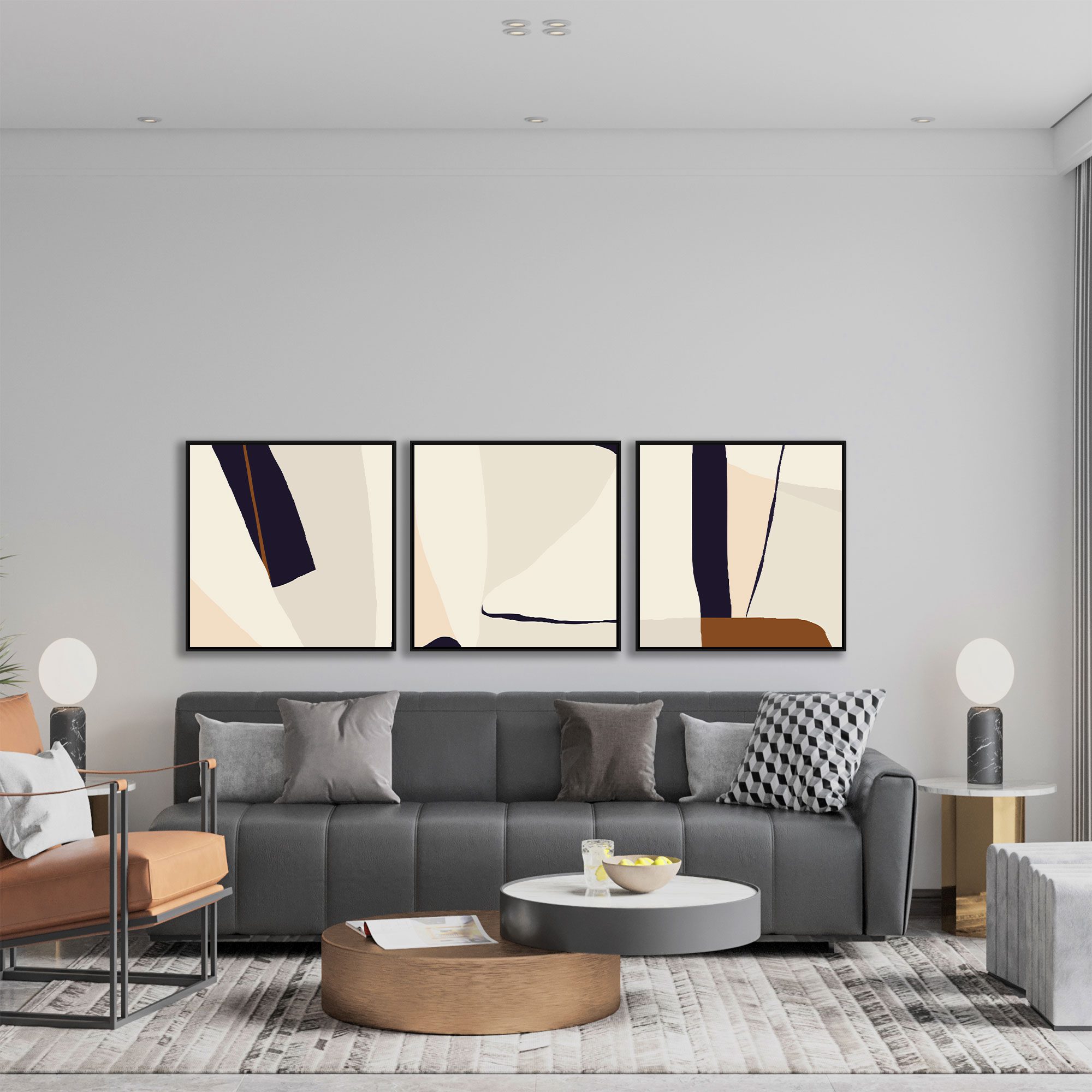 Conjunto com 3 Quadros Abstratos em Tons de Marrom e Bege