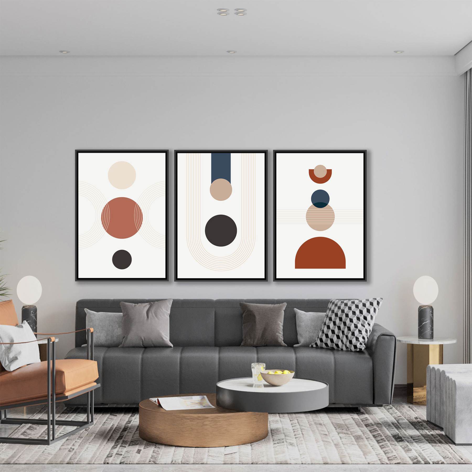 Conjunto com 3 Quadros com Formas Geométricas