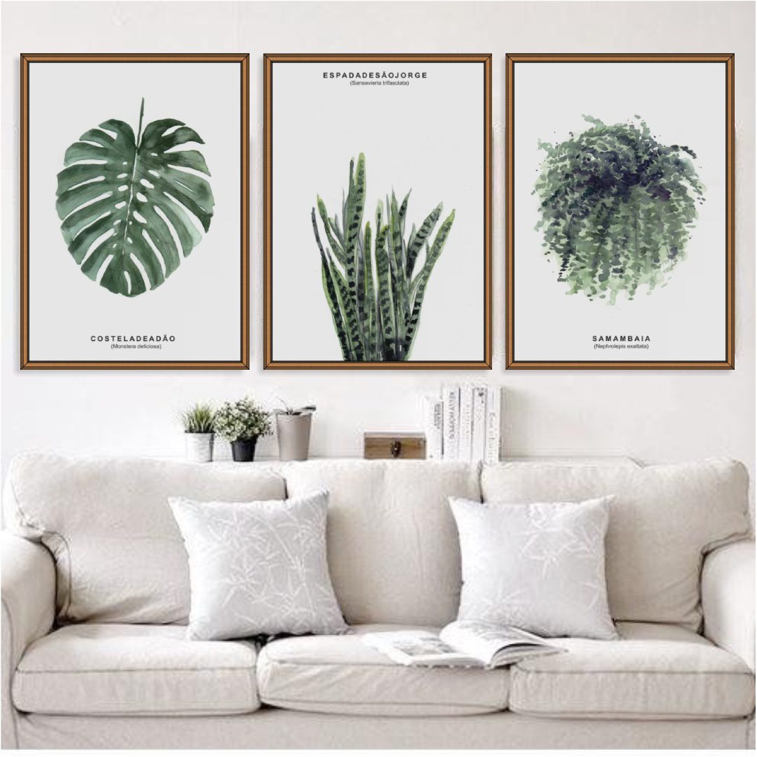 Conjunto com 3 Quadros de Folhagem em Aquarela