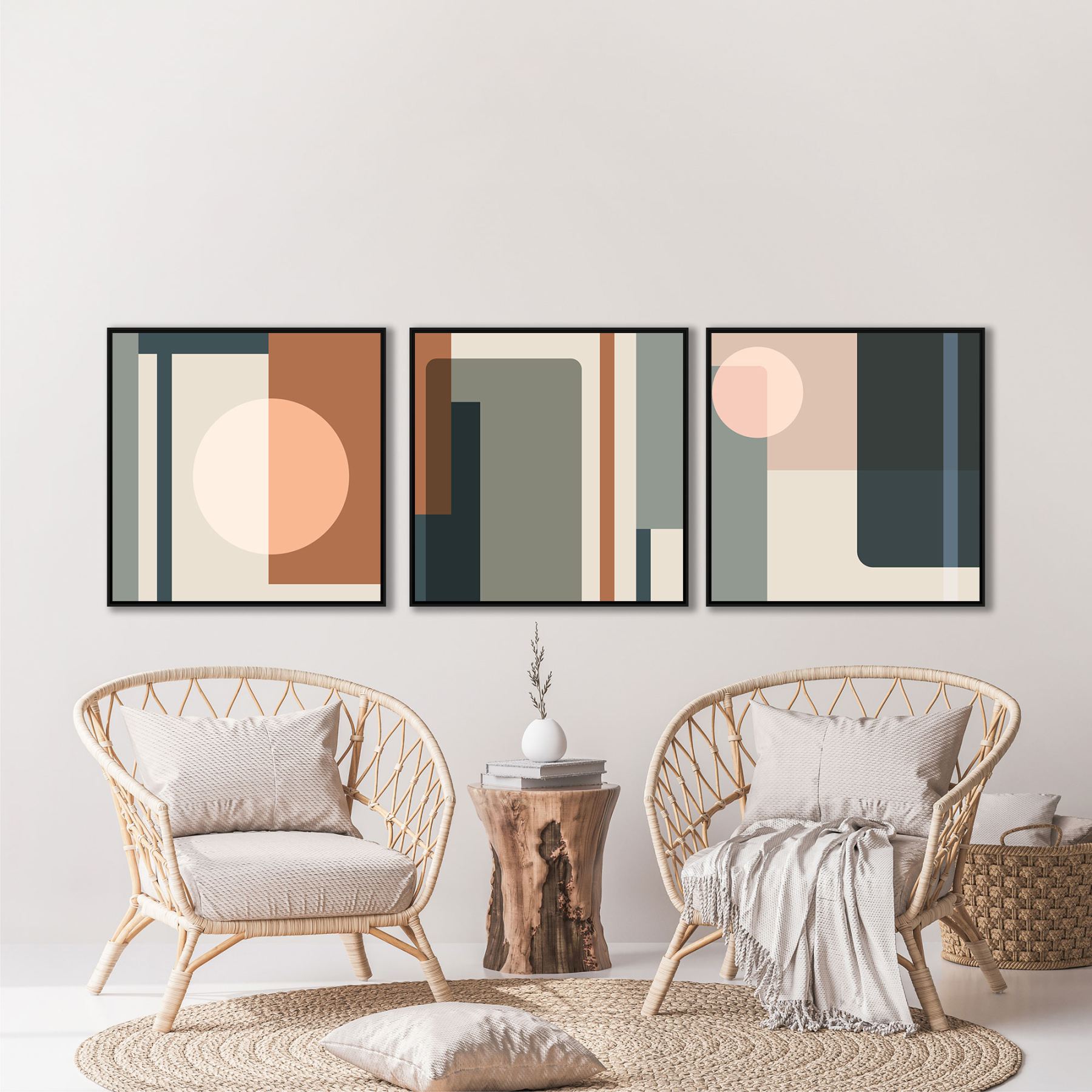 Conjunto com 3 Quadros Geométricos em Tons de Verde