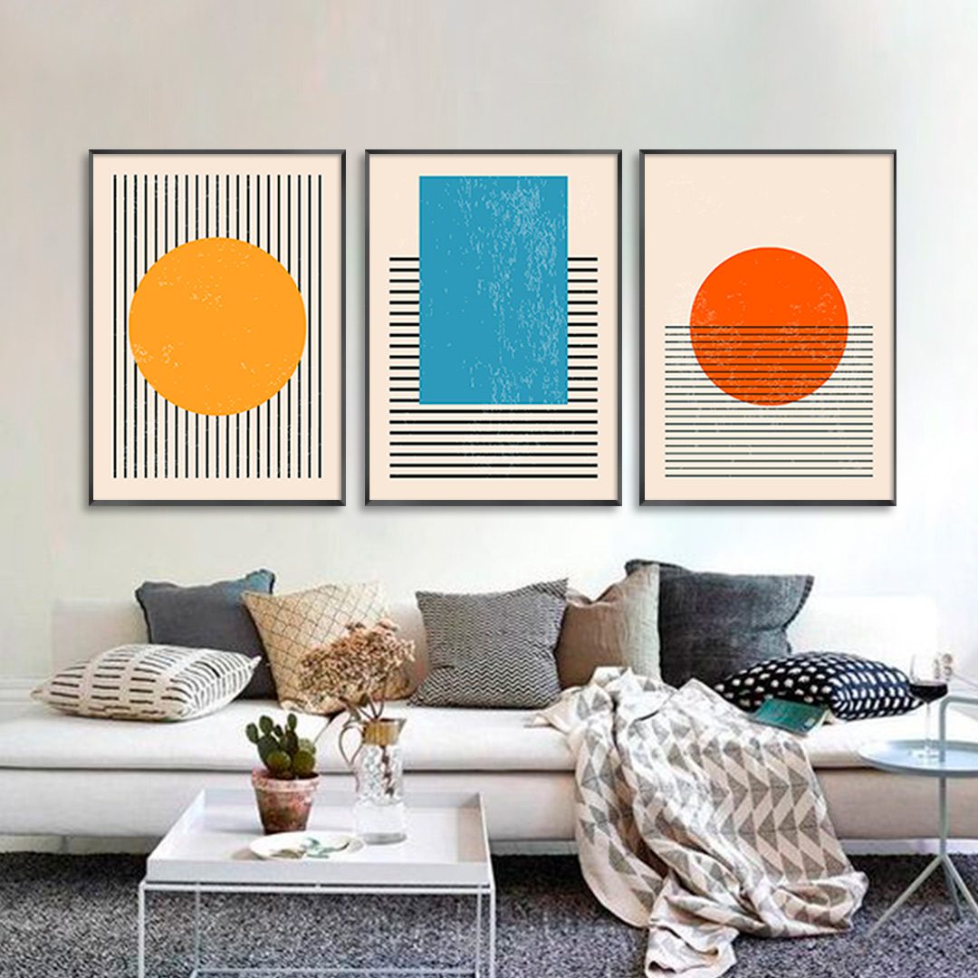 Conjunto com 3 Quadros Geométricos Minimalistas Coloridos