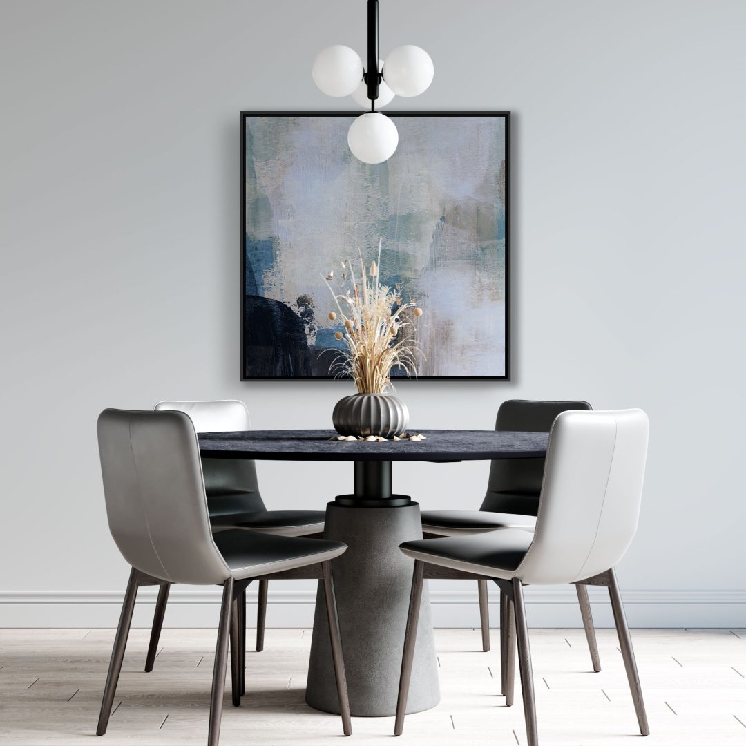 Quadro Decorativo Pintura Abstrata em Tons de Preto, Branco e Azul